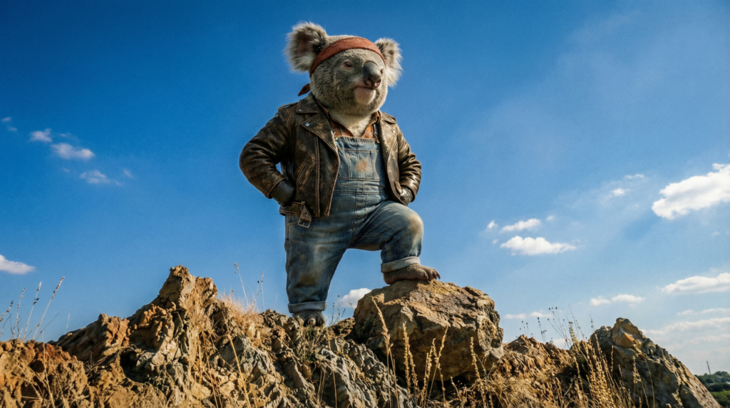 An anthropomorphic koala in a leather jacket and overalls stands on a rock, hands on hips, against a blue sky.