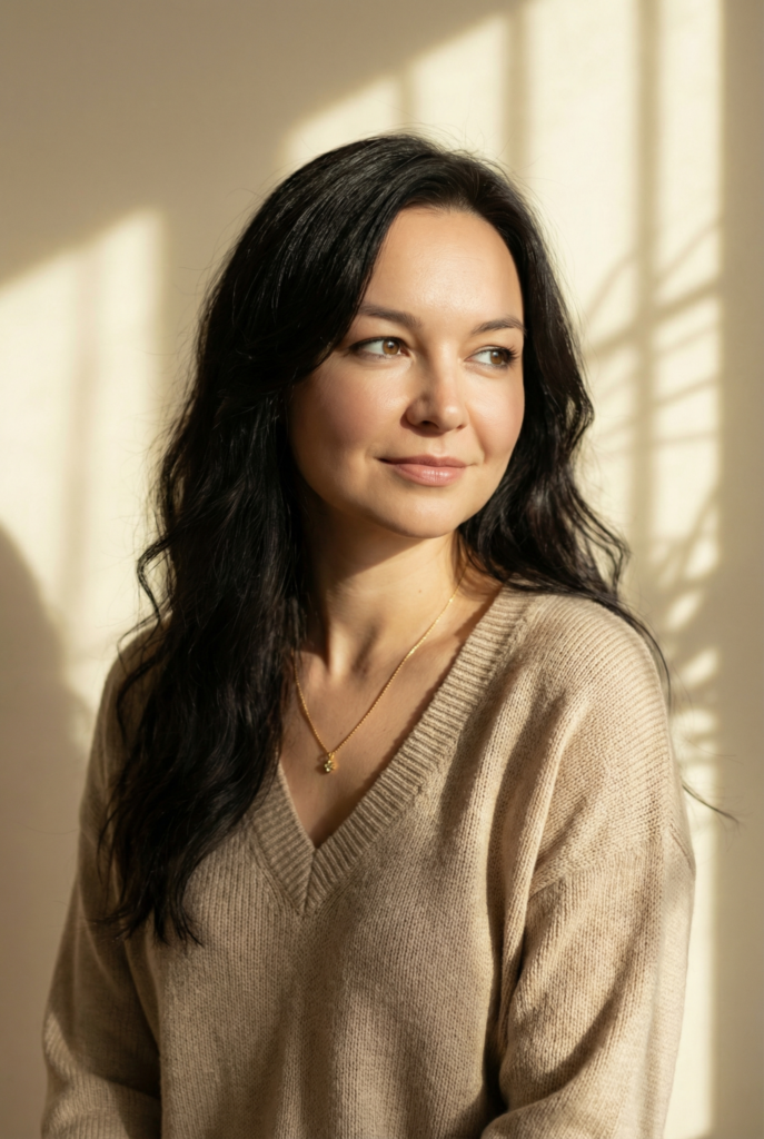 A woman with long dark hair and a beige sweater smiles softly, looking right, with sunlight and shadows on the wall behind her.